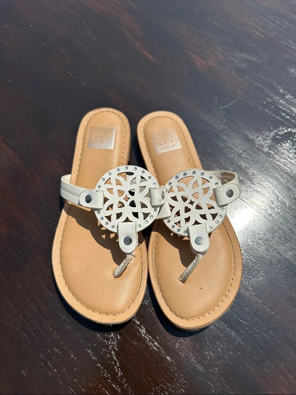 Dolce Vita White Cutout Medallion Toe-Post Sandals